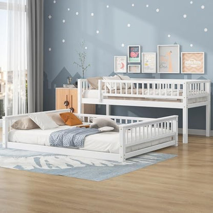 DNYN Twin XL Over Queen Bunk Bed for Kids Bedroom,Solid Wood Convertible Bedframe w/Ladder & Safety Guardrails,Can be Separated & Easy Assembly & Super Save Space & No Box Spring Needed, White
