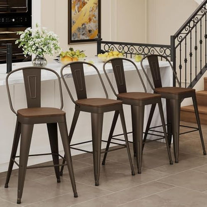 Metal Bar Stools Set of 4, 24" Counter Height with Backs, Rusty