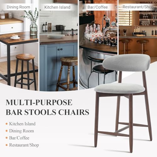 COLAMY Wood Bar Stools Set of 2, Counter Height Bar Stools, Mid Century Modern Stools with Back, 25 Inch Upholstered Wooden for Kitchen Island Dining Room Bar, Light Grey