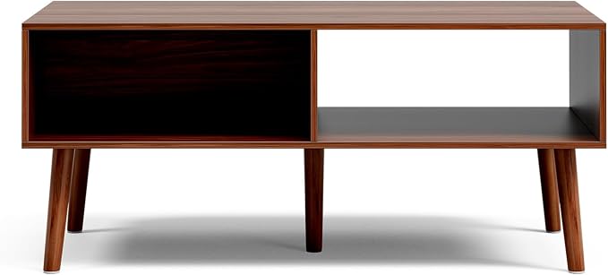 LCRBOL Coffee Table with Fluted Sliding Door, Mid-Century, Walnut | 39.3"L x 19.7"W x 17.1"H, double-sided sliding door & open shelf (7.5" clearance), golden knob, 5 tapered legs
