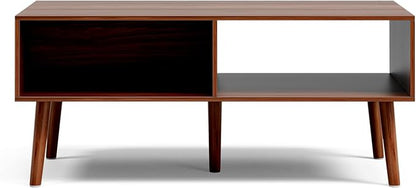 LCRBOL Coffee Table with Fluted Sliding Door, Mid-Century, Walnut | 39.3"L x 19.7"W x 17.1"H, double-sided sliding door & open shelf (7.5" clearance), golden knob, 5 tapered legs