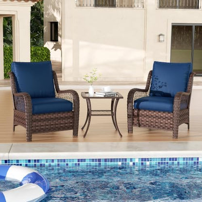 5 Piece Wicker Patio Furniture Set, Rattan Patio Chairs with High Back, Deep Seating, Wide Armrest, Thickened Cushions, Outdoor Furniture for Deck, Porch Use, Blue