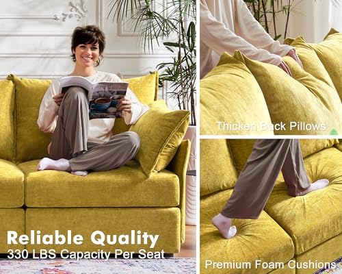 ABCASA 102.6" Modular Sleeper Sofa Bed, U Shaped Sectional Couch with Movable Stroage Ottoman, Large 6 Seat Couches for Living Room - Yellow Chenille