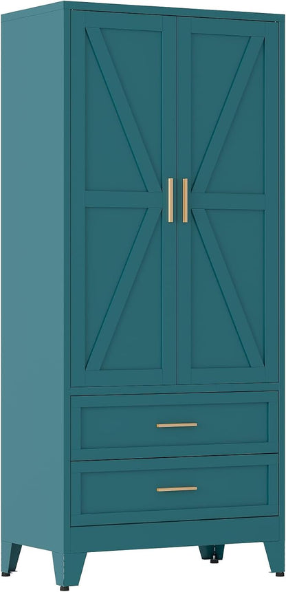 QINPTWUT 71" Tall Metal Wardrobe with Doors, Hanging Rod & Adjustable Shelf, Freestanding Steel Armoire for Bedroom Home Office, 2-Drawer Blue