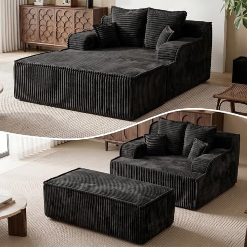 68" Oversized Chaise Lounge Chair Indoor, Corduroy Boneless Couch Sofa Bed, Cloud Lounge Chair Reading Chair with Pillow&Removed Ottoman, Deep Seat Sleeper Chair Bed for Living Room(Black)