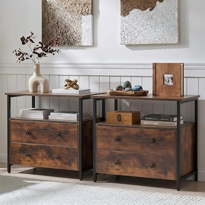 27" Nightstand Set 2 with Charging Station & 2 Drawer, Retro Brown