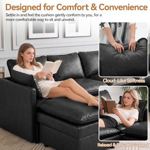 Modular Sectional Storage Sofa, 80" Deep Seat U-Shaped Couch, Pu Black