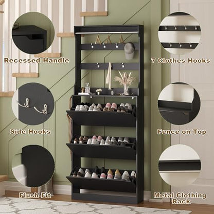 Tall Shoe Storage Cabinet with 3 Flip Drawer & Coat Rack, Black
