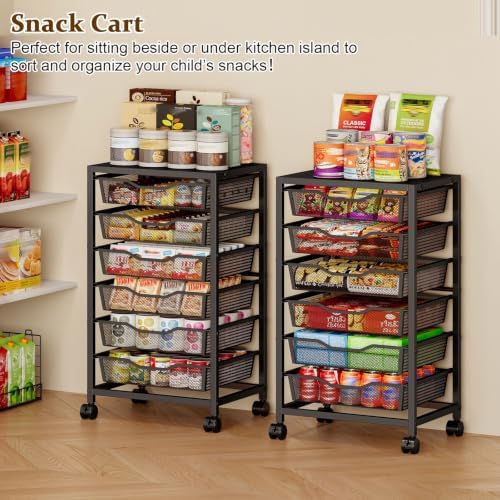 Kitchen Rolling Cart with 6 Storage Drawers, 6-Tier Fruit Vegetable Storage Cart on Wheels, Kitchen Rolling Storage Rack to Storage Cans Snacks and Potato for Kitchen Black(Patent Pending)