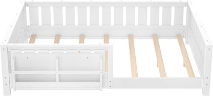 Bellemave White Montessori Floor Bed with Fence and Slats, Full Size Montessori Floor Bed with Bookcase and High Rails, Easy Assemble Bed Frame for Girls, Boys, Full