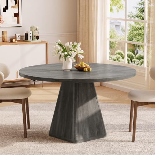 47 Inch Round Dining Table for 4-6, Pedestal Kitchen Dinner Table Grey