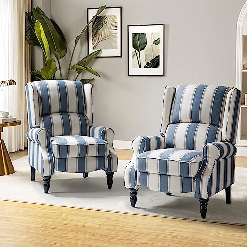 HULALA HOME Upholstered Wingback Recliner Chair Set of 2, Small Adjustable Footrest Push Back Single Reclining Sofa, Mid Century Modern Lounge Armchair for Living Room, Bedroom, Reading/Stripe Navy