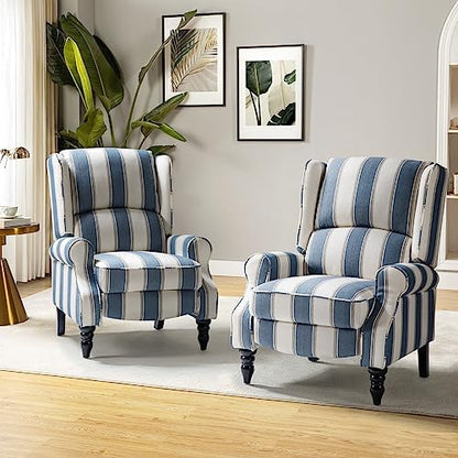 HULALA HOME Upholstered Wingback Recliner Chair Set of 2, Small Adjustable Footrest Push Back Single Reclining Sofa, Mid Century Modern Lounge Armchair for Living Room, Bedroom, Reading/Stripe Navy