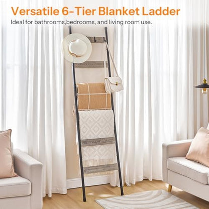 HOOBRO Blanket Ladder, 6-Tier Towel Rack with Hooks, Wall-Leaning Blanket Rack, Decorative Display Ladder Shelf, Scarves, Industrial, Living Room, Bedroom, Black and Greige BG66CJ01