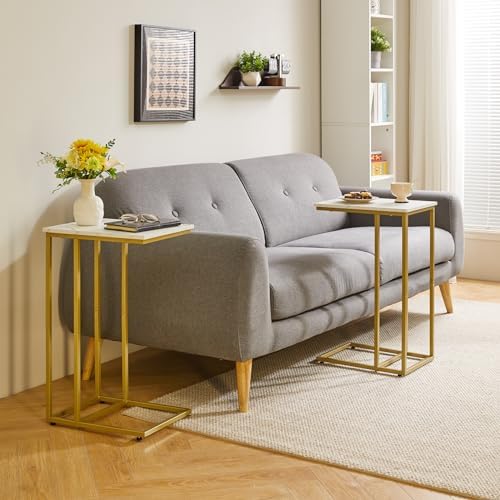 Aibiju Small Side Tables C Shaped, End Table, Small Table Stand for Living Room Bedroom, Little Bedside Table Faux Marble+Gold YD-TM051G