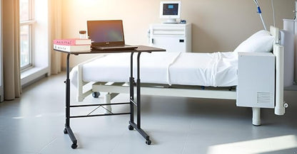 TV Tray Bed Side Table, Portable Rolling Desk Hospital Bed Laptop Table, Small Standing Desk with Wheels Adjustable Height for Sofa, Bedside, Tablet Use, Secure Non Tilt, 31.5" W, Black