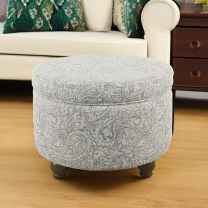 Homepop Home Decor | Upholstered Round Storage Ottoman | Ottoman with Storage for Living Room & Bedroom, Gray Floral