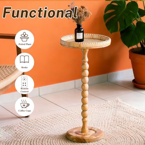Small Side Table, Rattan Drink Table, Round Side Table for Small Spaces, Boho Circle End Table Coffee Table with Solid Wood Leg for Living Room, Pedestal Table for Bedroom, Corners