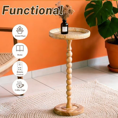 Small Side Table, Rattan Drink Table, Round Side Table for Small Spaces, Boho Circle End Table Coffee Table with Solid Wood Leg for Living Room, Pedestal Table for Bedroom, Corners