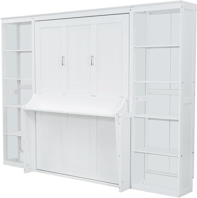 MERITLINE Full Murphy Bed with Desk and Storage Shelves, Wood Murphy Wall Bed Cabinet with with Storage Cabinet Vertical Units
