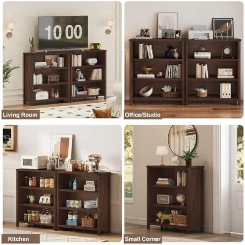 Small 3 Tier Bookshelf, Short Wood Bookcase, Brown Cherry, 36"