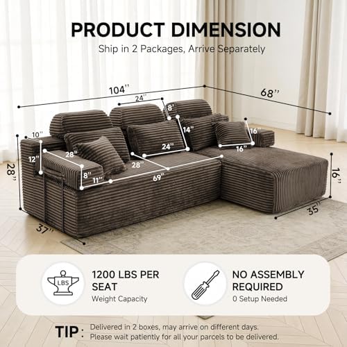 104″ L-Shaped Boneless Couches for Living Room,Corduroy Futon Sofa Bed
