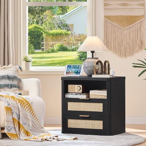 LEYAOYAO Rattan 23" Nightstands Set 2 with Charger Station 2 Drawers
