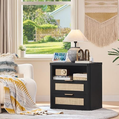 LEYAOYAO Rattan 23" Nightstands Set 2 with Charger Station 2 Drawers