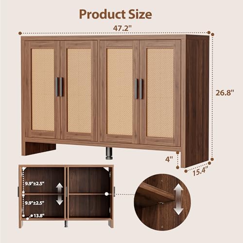 Rattan Buffet Cabinet with Storage, Sideboard Cabinet with Doors and Adjustable Shelves, Farmhouse Coffee Bar Station Table, Modern Wood Cupboard for Kitchen, Livingroom, Walnut