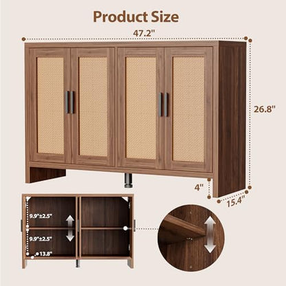 Rattan Buffet Cabinet with Storage, Sideboard Cabinet with Doors and Adjustable Shelves, Farmhouse Coffee Bar Station Table, Modern Wood Cupboard for Kitchen, Livingroom, Walnut