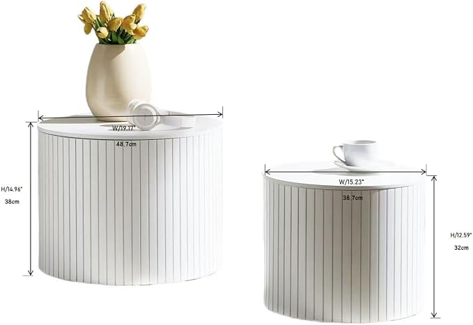 Nesting Coffee Tables Set of 2, Wooden Round Fluted Coffee Tables with Storage, Accent Drum Side Table, Luxury Modern Circle End Table for Small Spaces Living Room Bedroom Balcony Office, White