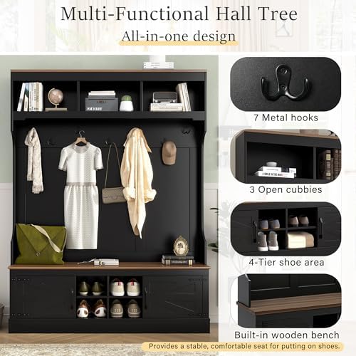 Merax 71''H Farmhouse Hall Tree with Bench and Shoe Storage, 5-in-1 Modern Entryway Storage Organizer Cabinet with Rack, 4 Shoe Cubbies & 7 Hooks for Hallway, Entryway, Living Room, Black