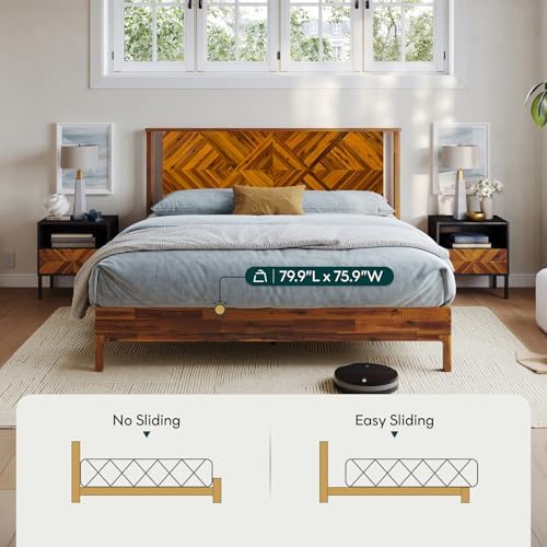 Bme Ethan King Size Bed Frame with Diamond Headboard, Rustic Mid Modern, Solid Acacia Wood, No Box Spring Needed, Slat Support, Rustic Caramel
