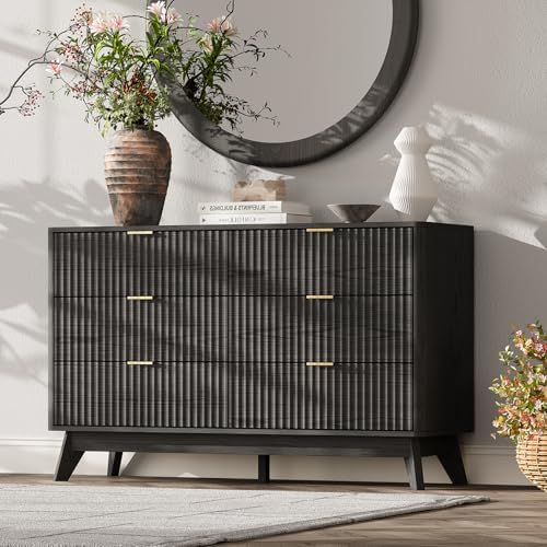 47" Wide Fluted 6 Drawers Dresser for Bedroom,with Curved Edge,Balck