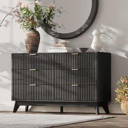 47" Wide Fluted 6 Drawers Dresser for Bedroom,with Curved Edge,Balck