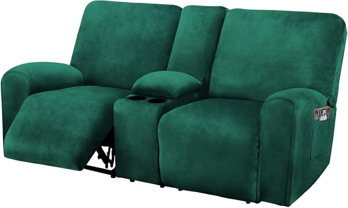 Reclining Love Seat with Middle Console Slipcover, 8-Piece Velvet Stretch Loveseat Reclining Sofa Covers, 2 seat Loveseat Recliner Cover, Thick, Soft, Washable, Loveseat Slipcovers (Retro Green)