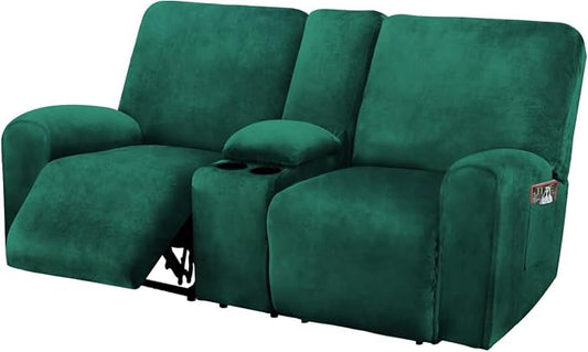 Reclining Love Seat with Middle Console Slipcover, 8-Piece Velvet Stretch Loveseat Reclining Sofa Covers, 2 seat Loveseat Recliner Cover, Thick, Soft, Washable, Loveseat Slipcovers (Retro Green)