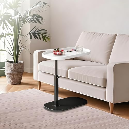 Adjustable Height C Shaped Side Table, Couch Tables that Slide Under, C Side Table Raised Edge, 360°Swivel C Shaped End Table, Small Coffee C Table, End Table for Sofa/Bed/Bathtub (Marble White)