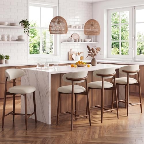 MALOL Counter Height Bar Stools Set of 3, Kitchen Bar Stools with Back, Mid Century Modern Upholstered Barstools with Wood Legs for Kitchen Island Dining Room, Beige