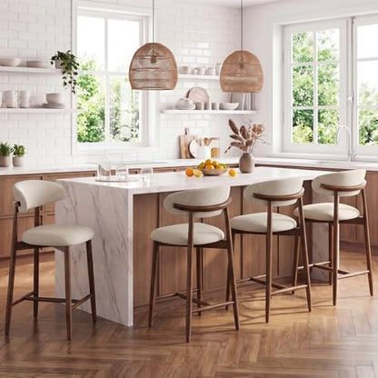MALOL Counter Height Bar Stools Set of 3, Kitchen Bar Stools with Back, Mid Century Modern Upholstered Barstools with Wood Legs for Kitchen Island Dining Room, Beige