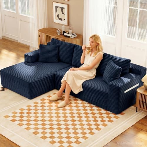 94.5" L-Shaped Minimalist Boneless Sofa for Living Room (Blue, Left)