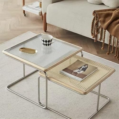 Nesting Coffee Table, Square End Table Set of 2, Small Coffee Table with Rattan and Tempered Glass Tabletop, Nesting Tables for Living Room (Natural)