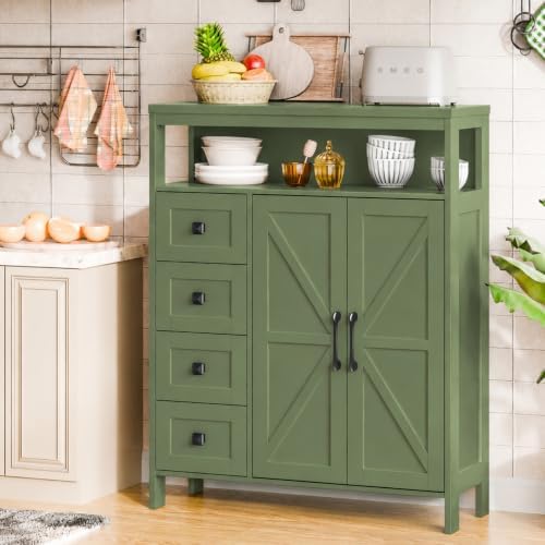 Farmhouse Storage Cabinet with 2 Doors and 4 Drawers, Green