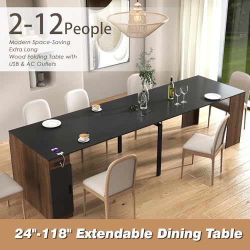24"-118" Extendable Dining Room Table with Storage and Outlet, Walnut&Black