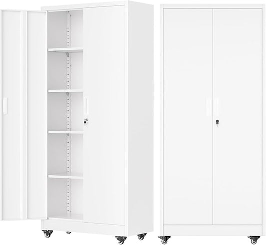 Bonusall 72" Metal Garage Storage Cabinet with Wheels, 2-Door Steel Locking Cabinet with 4 Adjustable Shelves, Heavy Duty Rolling Utility Cabinets for Warehouse, School - White