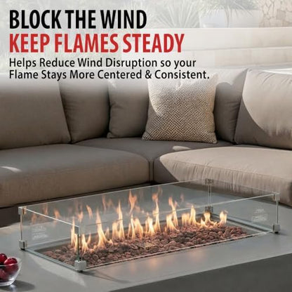 AMS 43” SS Rectangular Clear Tempered Glass Wind Guard Fire Pit Table
