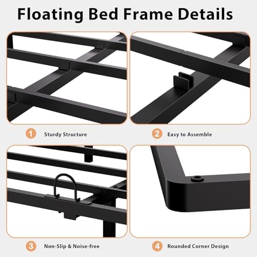King Size Floating Bed Frame with Smart LED Lights, Metal Platform Bed