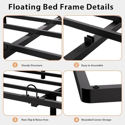 King Size Floating Bed Frame with Smart LED Lights, Metal Platform Bed