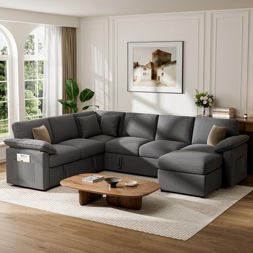 L Sleeper Sofa, 109" Modular Sectional Sofa with Pull Out Bed, Dark Gray