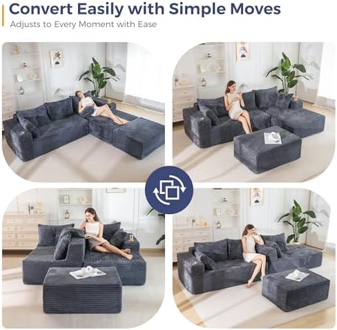 MAXYOYO 104" U-Shaped Modular Sectional Couch with Deep Seat, Modern Boneless Couch for Living Room, Sofa in A Box, No Assembly Required, Dark Grey